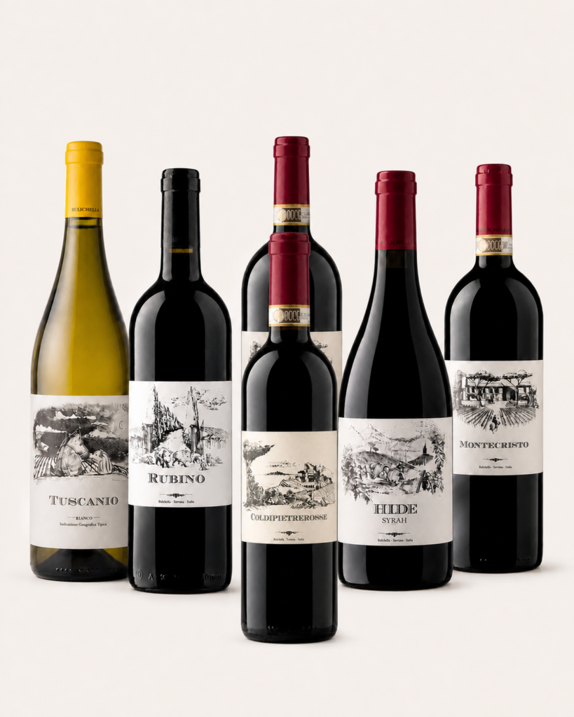 Villa Bianca Premium Smagekasse med seks flasker i stram standardformation og korrekt Bordeaux-flaske til Coldipietrerosse